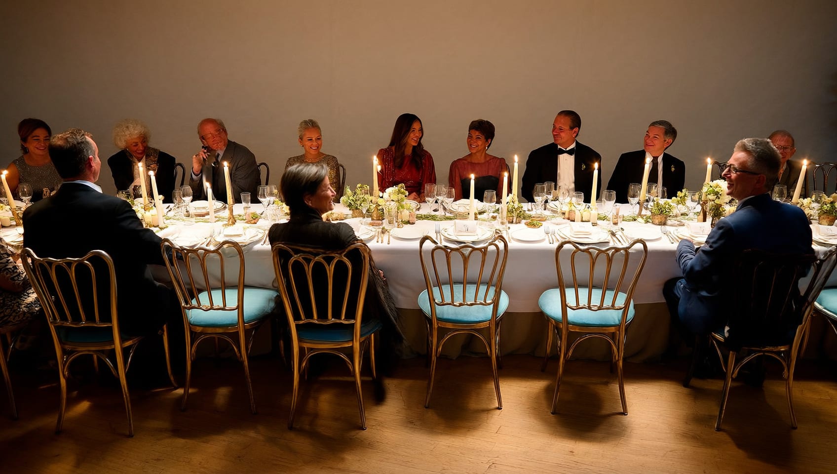 A long candlelit dinner table where guests of many nationalities and generations are being welcomed to their seats