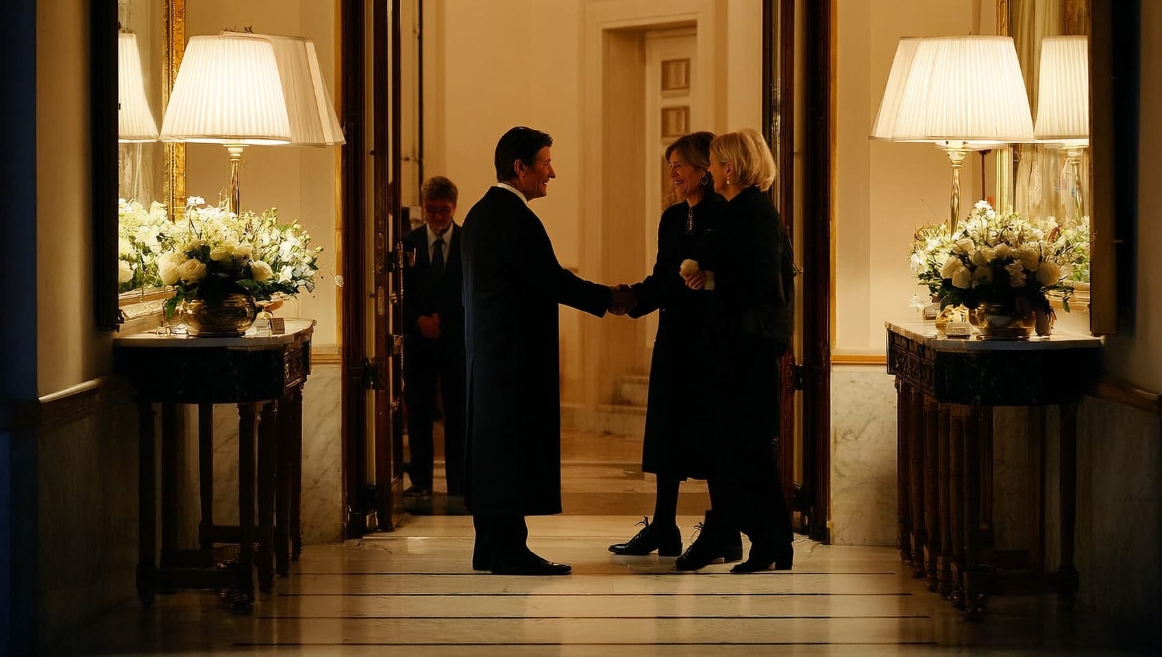 A host greeting an arriving guest in the lamplit entrance hall of a private house