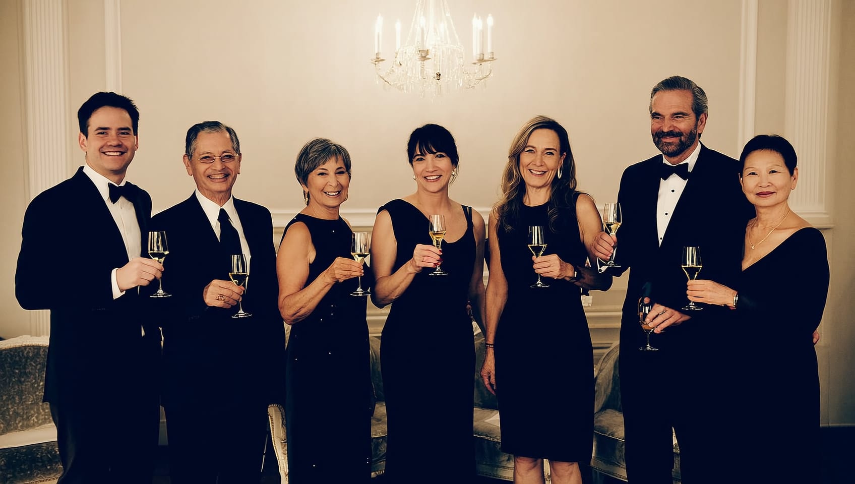 Members of many nationalities raising glasses together in a softly lit private room