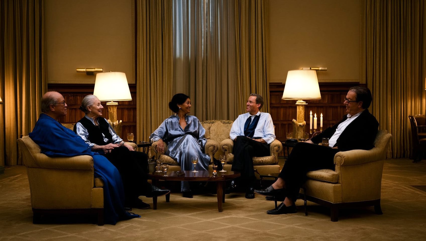 Members of different generations and backgrounds in easy conversation by lamplight in a private drawing room